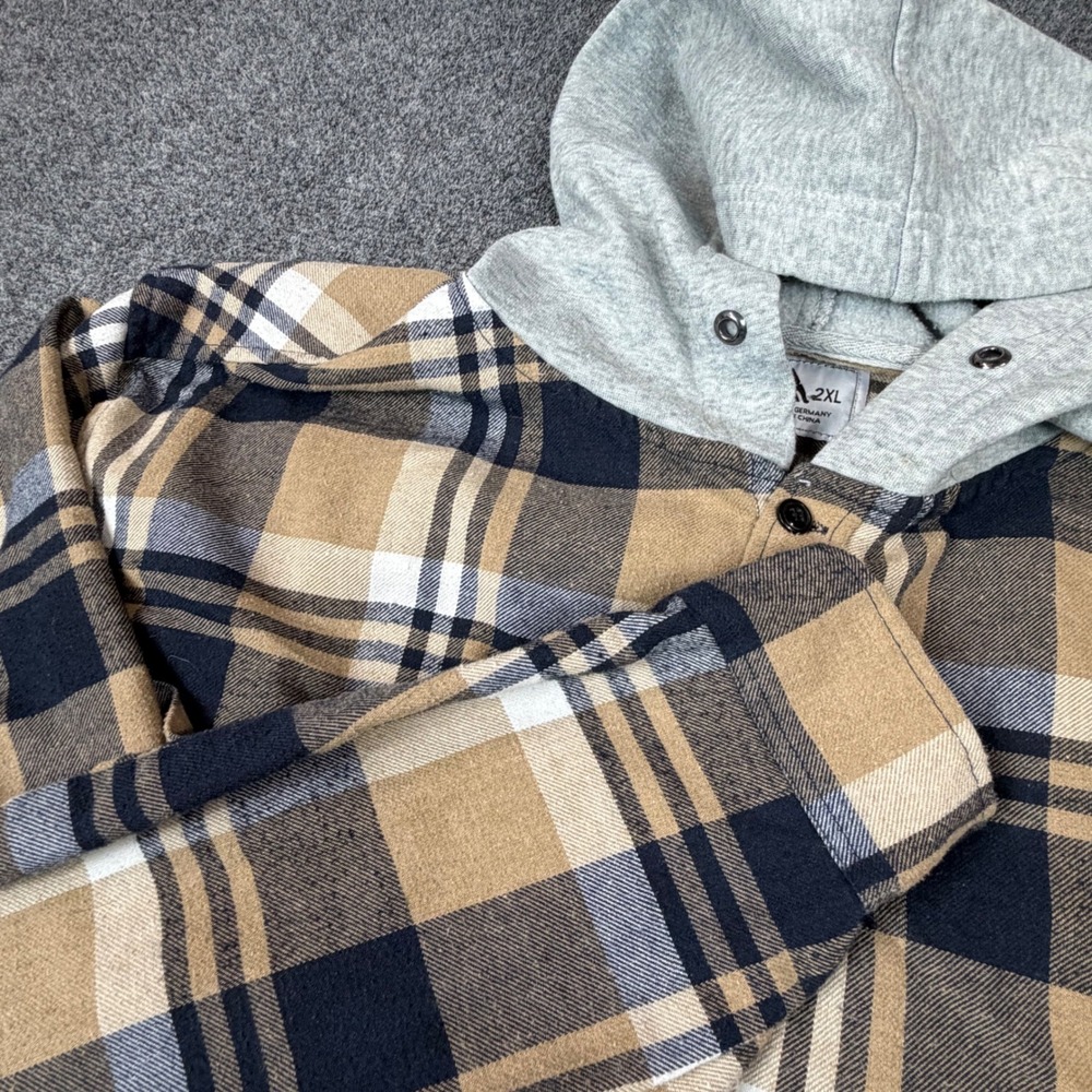 AM Mens‎ Plaid Hooded Flannel Shirt 2XL Tan Black White Long Sleeve Button Front